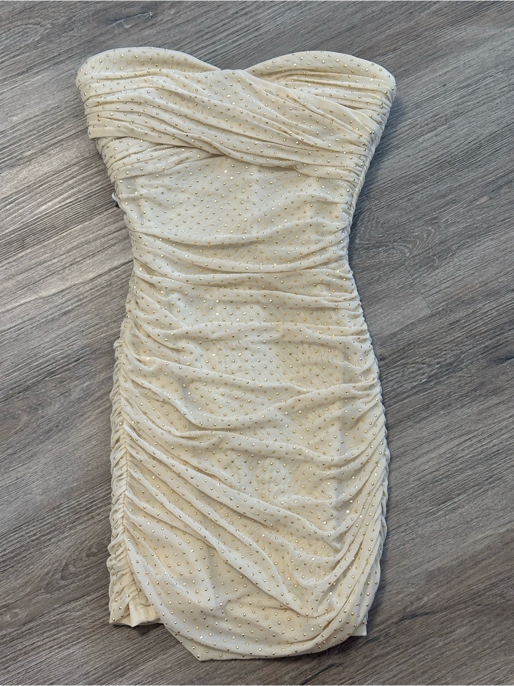bebe Strapless Cream Beaded Ruched Bodycon Dress